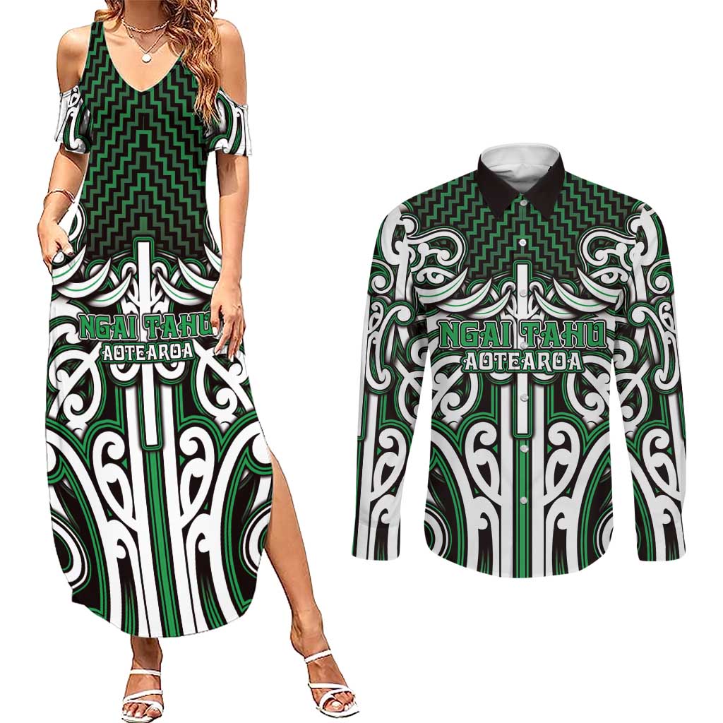 Custom Aotearoa Ngai Tahu Couples Matching Summer Maxi Dress and Long Sleeve Button Shirt Maori Tribal Pattern Mix Poutama LT05 Green - Polynesian Pride