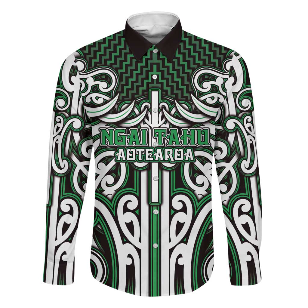 Custom Aotearoa Ngai Tahu Family Matching Long Sleeve Bodycon Dress and Hawaiian Shirt Maori Tribal Pattern Mix Poutama LT05 Dad's Shirt - Long Sleeve Green - Polynesian Pride