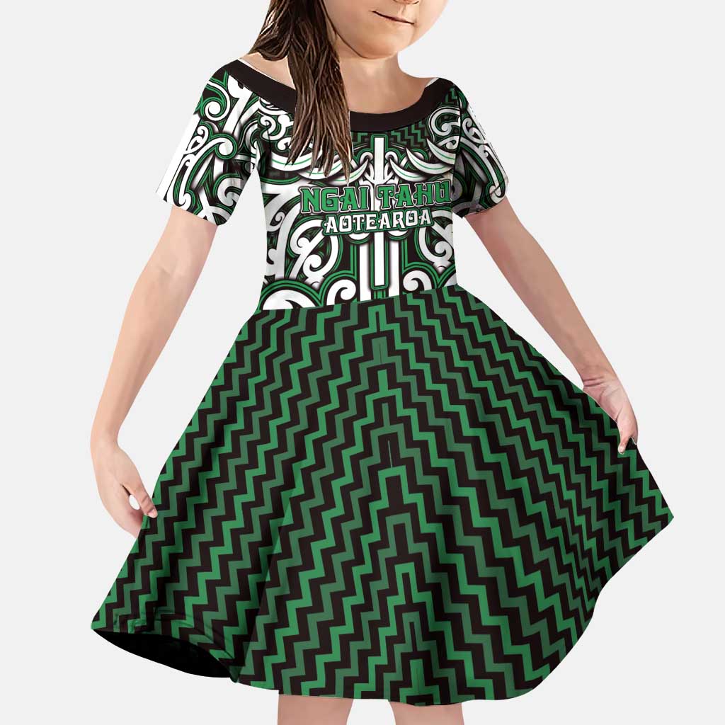 Custom Aotearoa Ngai Tahu Family Matching Mermaid Dress and Hawaiian Shirt Maori Tribal Pattern Mix Poutama LT05 Daughter's Dress Green - Polynesian Pride