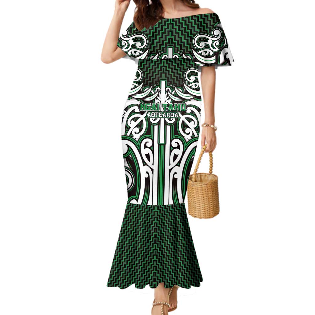 Custom Aotearoa Ngai Tahu Family Matching Mermaid Dress and Hawaiian Shirt Maori Tribal Pattern Mix Poutama LT05 Mom's Dress Green - Polynesian Pride