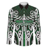 Custom Aotearoa Ngai Tahu Family Matching Off The Shoulder Long Sleeve Dress and Hawaiian Shirt Maori Tribal Pattern Mix Poutama LT05 Dad's Shirt - Long Sleeve Green - Polynesian Pride