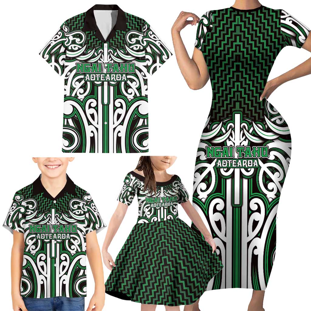 Custom Aotearoa Ngai Tahu Family Matching Short Sleeve Bodycon Dress and Hawaiian Shirt Maori Tribal Pattern Mix Poutama LT05 - Polynesian Pride