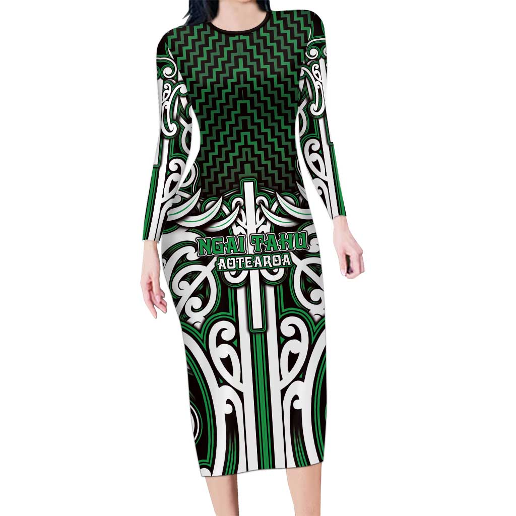 Custom Aotearoa Ngai Tahu Long Sleeve Bodycon Dress Maori Tribal Pattern Mix Poutama