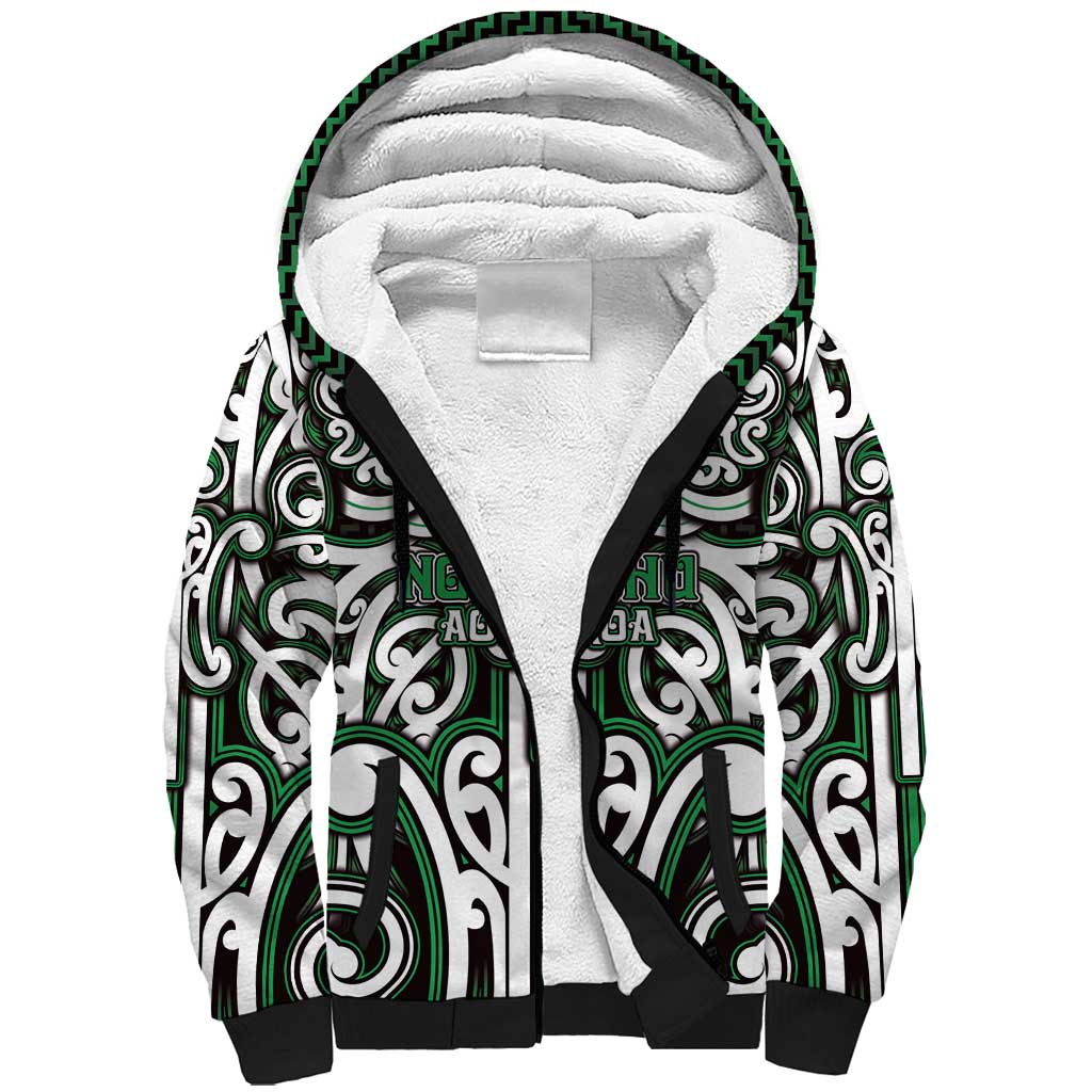 Custom Aotearoa Ngai Tahu Sherpa Hoodie Maori Tribal Pattern Mix Poutama LT05 Unisex Green - Polynesian Pride