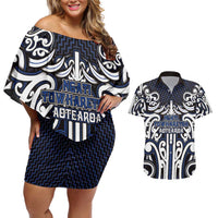 Custom Aotearoa Ngati Tuwharetoa Couples Matching Off Shoulder Short Dress and Hawaiian Shirt Maori Tribal Pattern Mix Poutama LT05 Navy - Polynesian Pride