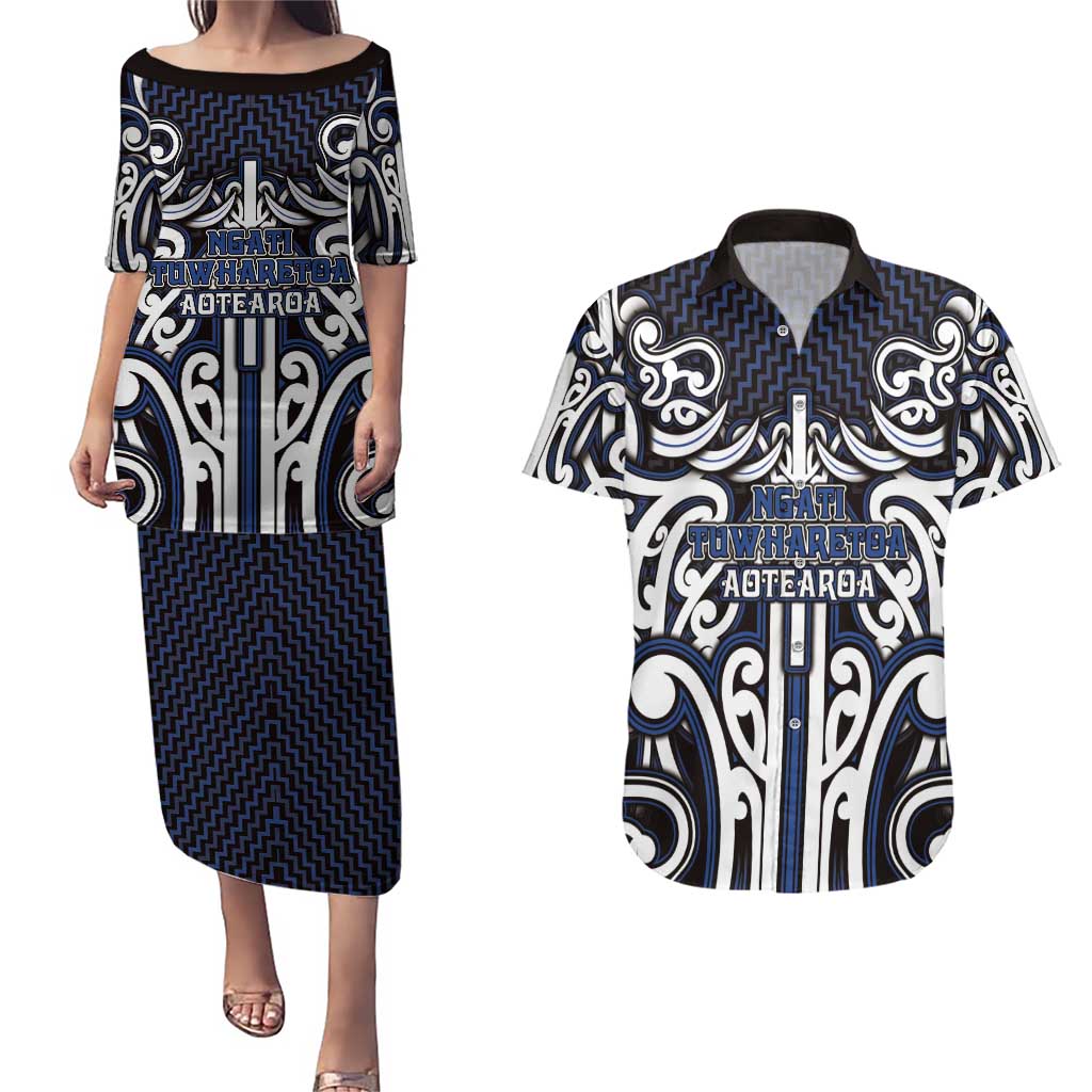 Custom Aotearoa Ngati Tuwharetoa Couples Matching Puletasi and Hawaiian Shirt Maori Tribal Pattern Mix Poutama