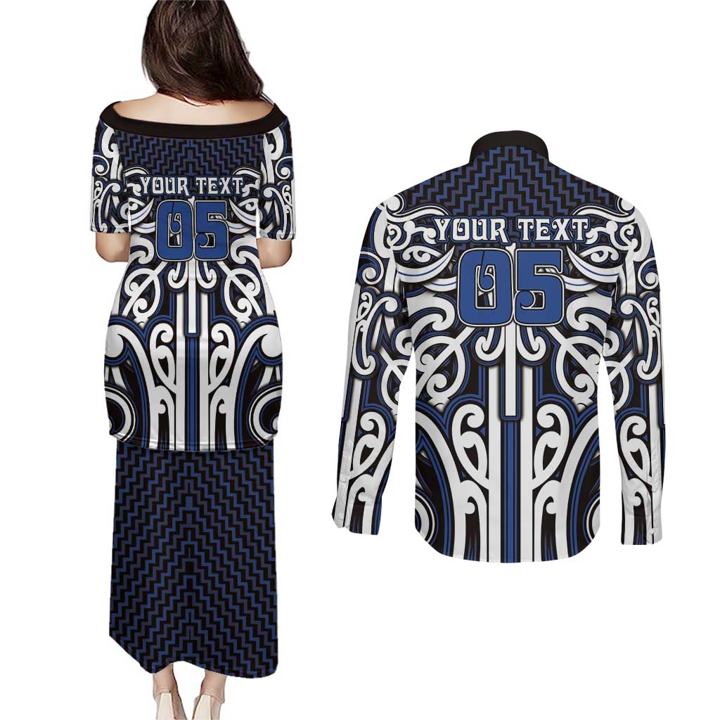 Custom Aotearoa Ngati Tuwharetoa Couples Matching Puletasi and Long Sleeve Button Shirt Maori Tribal Pattern Mix Poutama