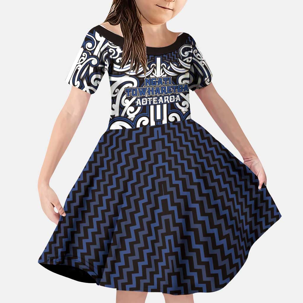 Custom Aotearoa Ngati Tuwharetoa Family Matching Off Shoulder Maxi Dress and Hawaiian Shirt Maori Tribal Pattern Mix Poutama LT05 Daughter's Dress Navy - Polynesian Pride