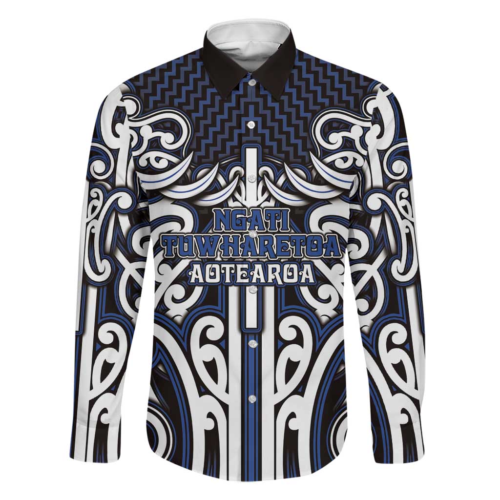 Custom Aotearoa Ngati Tuwharetoa Family Matching Summer Maxi Dress and Hawaiian Shirt Maori Tribal Pattern Mix Poutama LT05 Dad's Shirt - Long Sleeve Navy - Polynesian Pride