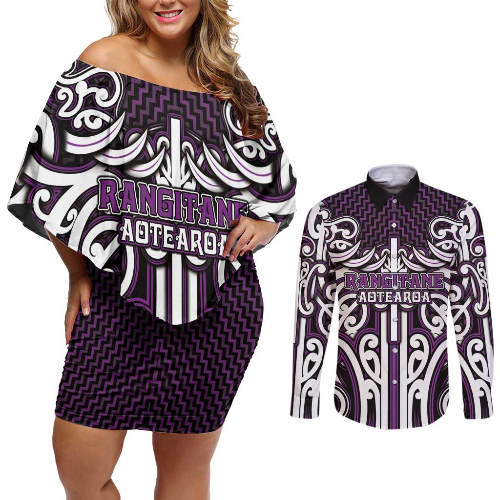 Custom Aotearoa Rangitane Couples Matching Off Shoulder Short Dress and Long Sleeve Button Shirt Maori Tribal Pattern Mix Poutama