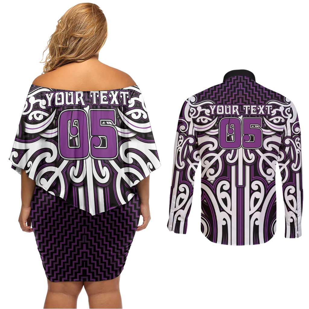 Custom Aotearoa Rangitane Couples Matching Off Shoulder Short Dress and Long Sleeve Button Shirt Maori Tribal Pattern Mix Poutama