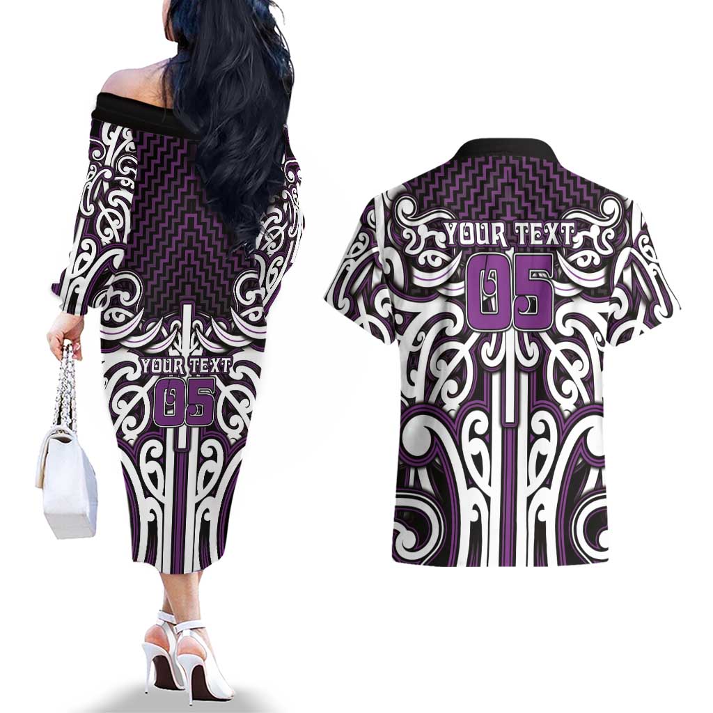 Custom Aotearoa Rangitane Couples Matching Off The Shoulder Long Sleeve Dress and Hawaiian Shirt Maori Tribal Pattern Mix Poutama