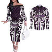 Custom Aotearoa Rangitane Couples Matching Off The Shoulder Long Sleeve Dress and Long Sleeve Button Shirt Maori Tribal Pattern Mix Poutama