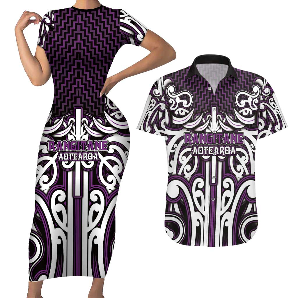 Custom Aotearoa Rangitane Couples Matching Short Sleeve Bodycon Dress and Hawaiian Shirt Maori Tribal Pattern Mix Poutama