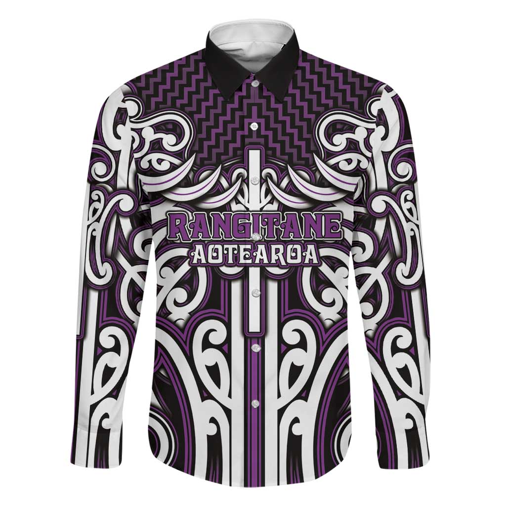Custom Aotearoa Rangitane Family Matching Mermaid Dress and Hawaiian Shirt Maori Tribal Pattern Mix Poutama LT05 Dad's Shirt - Long Sleeve Purple - Polynesian Pride