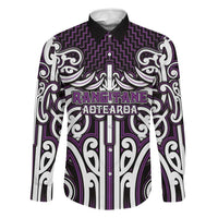 Custom Aotearoa Rangitane Family Matching Mermaid Dress and Hawaiian Shirt Maori Tribal Pattern Mix Poutama LT05 Dad's Shirt - Long Sleeve Purple - Polynesian Pride