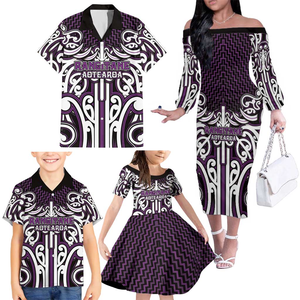 Custom Aotearoa Rangitane Family Matching Off The Shoulder Long Sleeve Dress and Hawaiian Shirt Maori Tribal Pattern Mix Poutama LT05 - Polynesian Pride