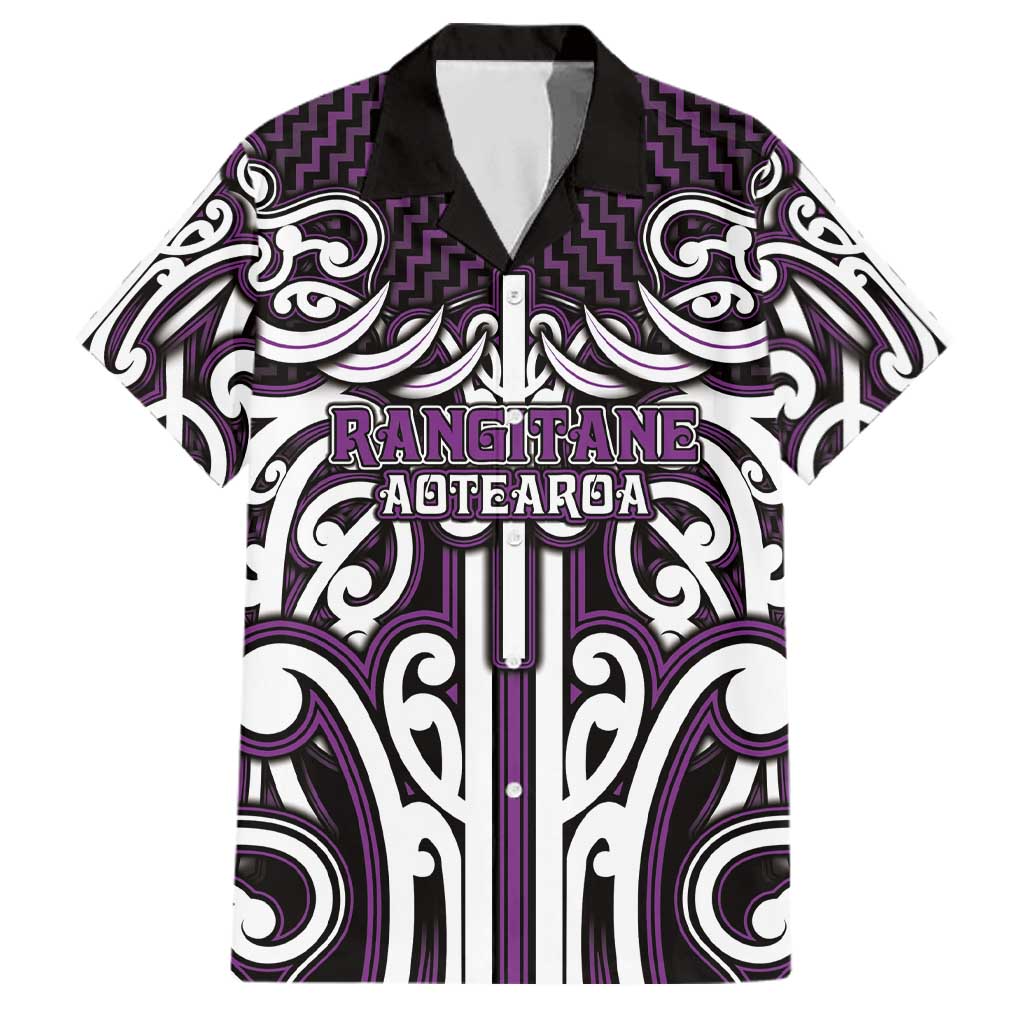 Custom Aotearoa Rangitane Family Matching Off The Shoulder Long Sleeve Dress and Hawaiian Shirt Maori Tribal Pattern Mix Poutama LT05 Dad's Shirt - Short Sleeve Purple - Polynesian Pride