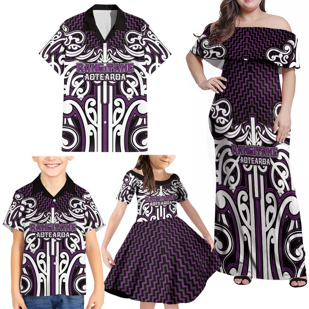 Custom Aotearoa Rangitane Family Matching Off Shoulder Maxi Dress and Hawaiian Shirt Maori Tribal Pattern Mix Poutama