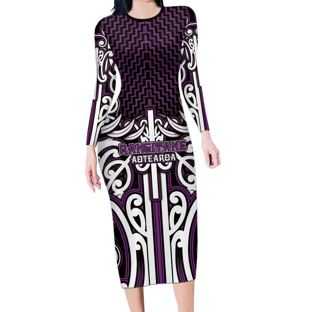 Custom Aotearoa Rangitane Long Sleeve Bodycon Dress Maori Tribal Pattern Mix Poutama