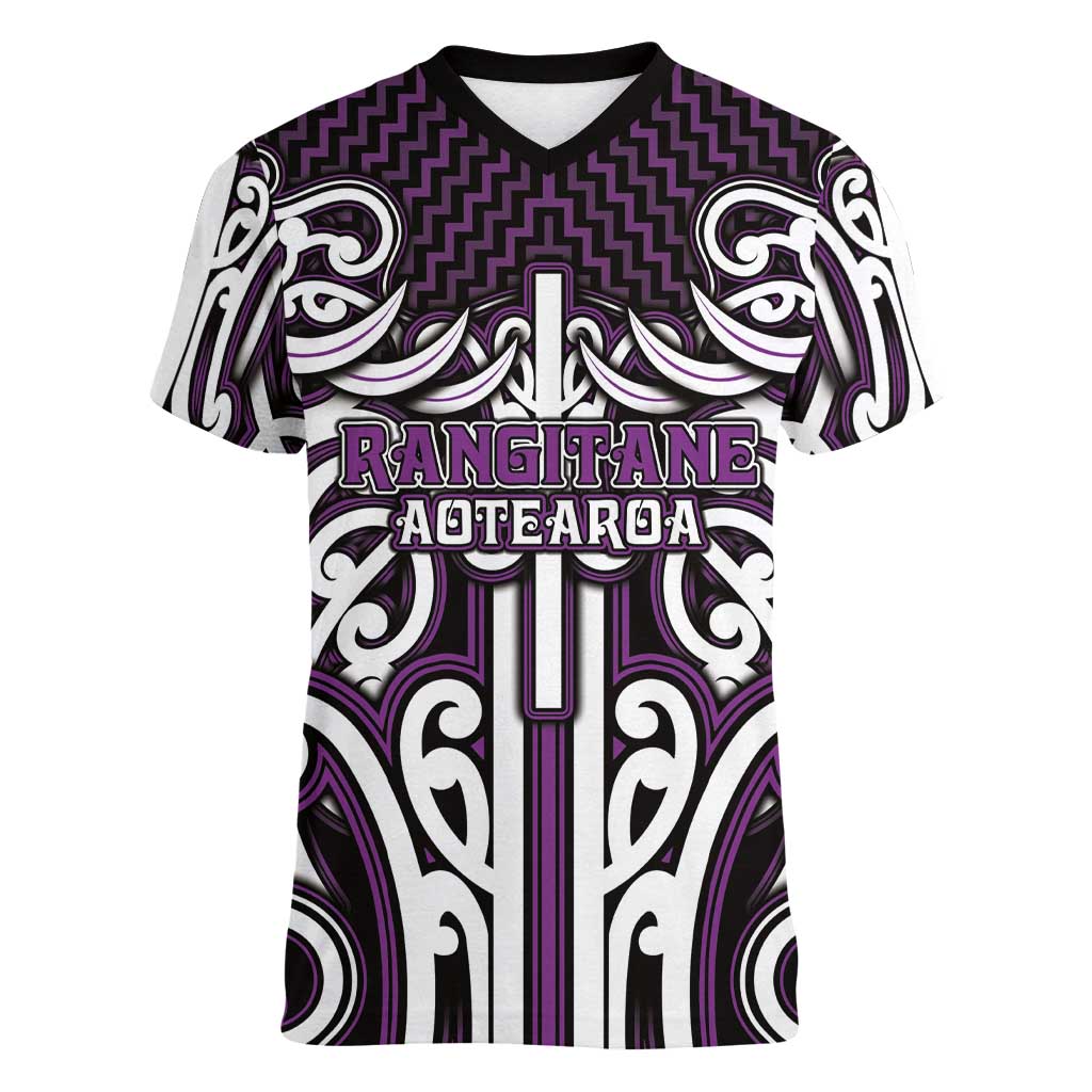 Custom Aotearoa Rangitane Women V-Neck T-Shirt Maori Tribal Pattern Mix Poutama