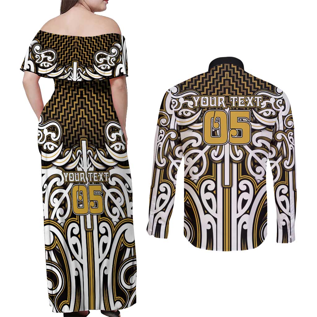 Custom Aotearoa Taranaki Couples Matching Off Shoulder Maxi Dress and Long Sleeve Button Shirt Maori Tribal Pattern Mix Poutama