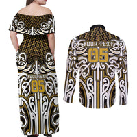 Custom Aotearoa Taranaki Couples Matching Off Shoulder Maxi Dress and Long Sleeve Button Shirt Maori Tribal Pattern Mix Poutama