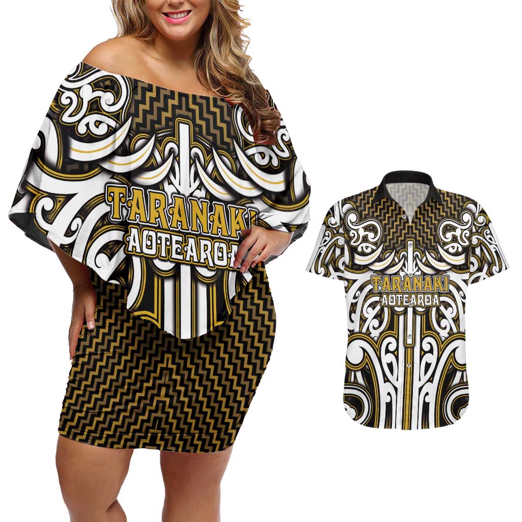 Custom Aotearoa Taranaki Couples Matching Off Shoulder Short Dress and Hawaiian Shirt Maori Tribal Pattern Mix Poutama LT05 Yellow - Polynesian Pride