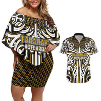 Custom Aotearoa Taranaki Couples Matching Off Shoulder Short Dress and Hawaiian Shirt Maori Tribal Pattern Mix Poutama LT05 Yellow - Polynesian Pride