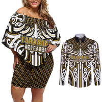 Custom Aotearoa Taranaki Couples Matching Off Shoulder Short Dress and Long Sleeve Button Shirt Maori Tribal Pattern Mix Poutama