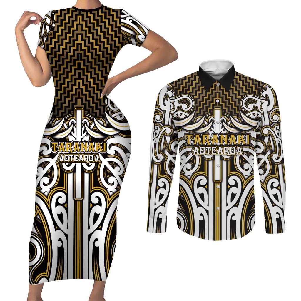 Custom Aotearoa Taranaki Couples Matching Short Sleeve Bodycon Dress and Long Sleeve Button Shirt Maori Tribal Pattern Mix Poutama