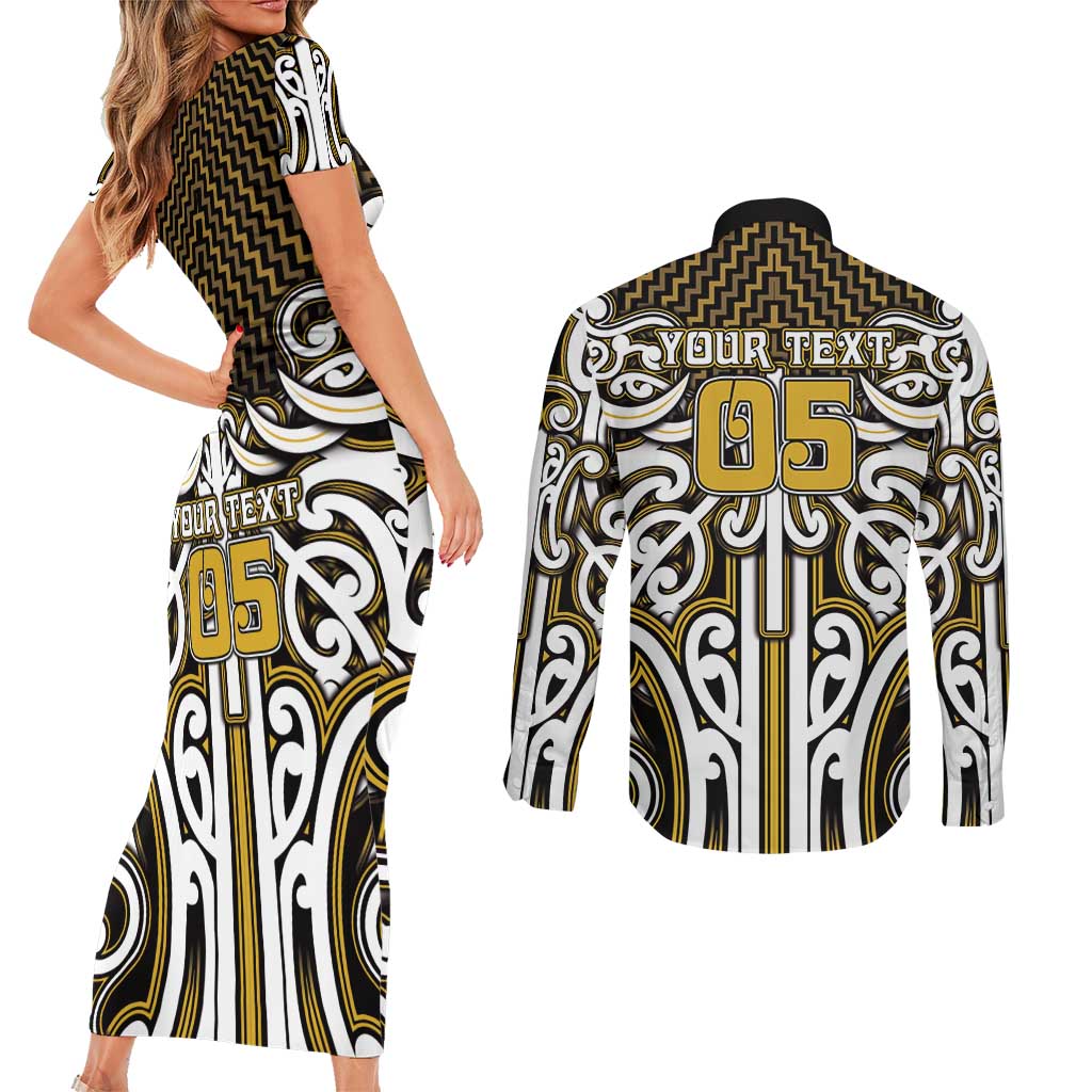 Custom Aotearoa Taranaki Couples Matching Short Sleeve Bodycon Dress and Long Sleeve Button Shirt Maori Tribal Pattern Mix Poutama