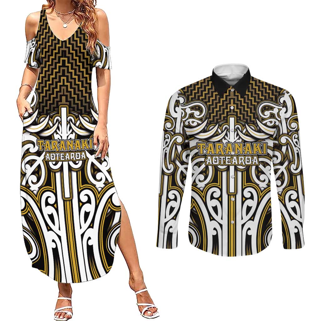 Custom Aotearoa Taranaki Couples Matching Summer Maxi Dress and Long Sleeve Button Shirt Maori Tribal Pattern Mix Poutama