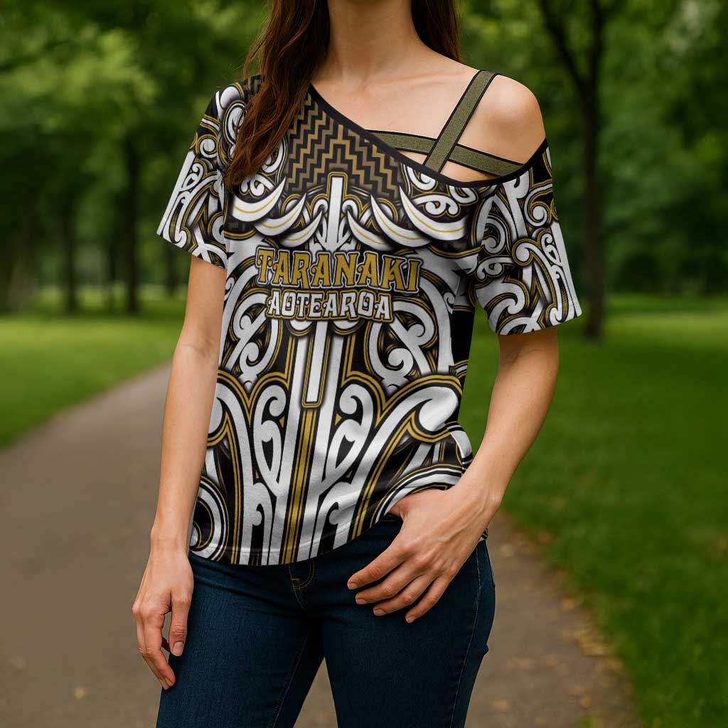 Custom Aotearoa Taranaki Cross Shoulder Shirt Maori Tribal Pattern Mix Poutama