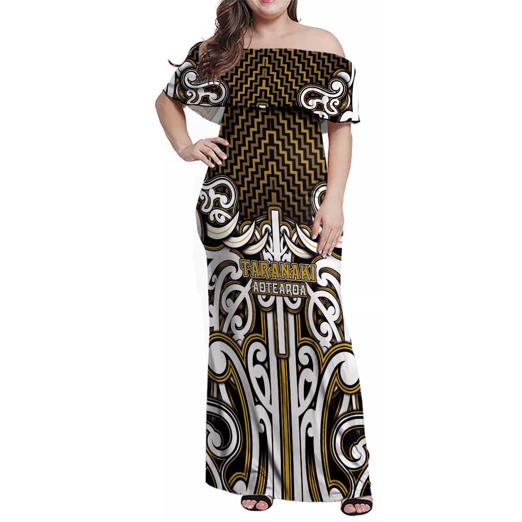 Custom Aotearoa Taranaki Family Matching Off Shoulder Maxi Dress and Hawaiian Shirt Maori Tribal Pattern Mix Poutama LT05 Mom's Dress Yellow - Polynesian Pride