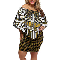 Custom Aotearoa Taranaki Family Matching Off Shoulder Short Dress and Hawaiian Shirt Maori Tribal Pattern Mix Poutama LT05 Mom's Dress Yellow - Polynesian Pride