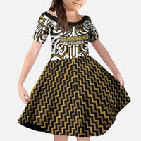 Custom Aotearoa Taranaki Family Matching Short Sleeve Bodycon Dress and Hawaiian Shirt Maori Tribal Pattern Mix Poutama LT05 Daughter's Dress Yellow - Polynesian Pride