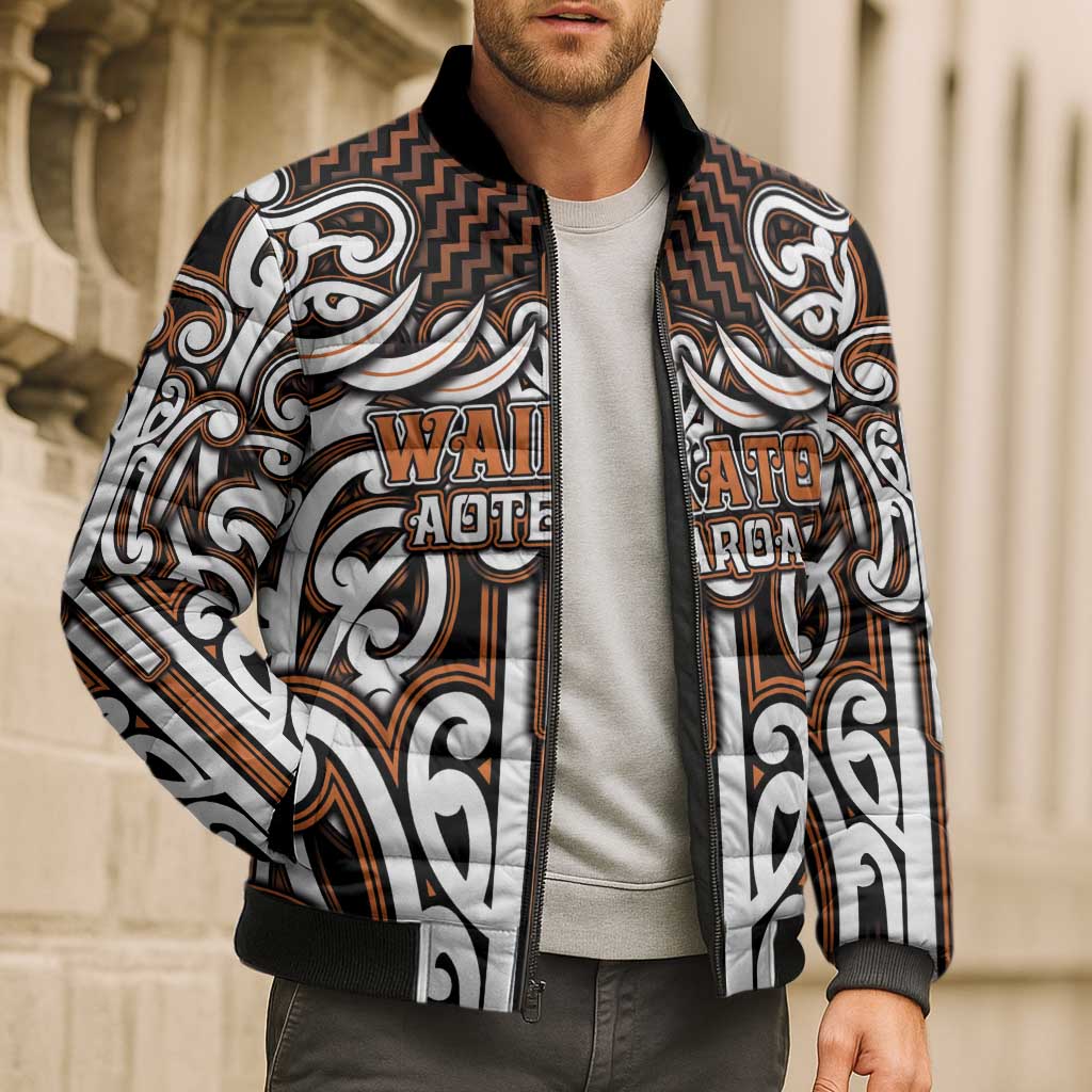 Custom Aotearoa Waikato Bomber Puffer Jacket Maori Tribal Pattern Mix Poutama