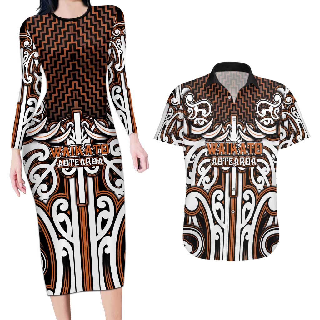 Custom Aotearoa Waikato Couples Matching Long Sleeve Bodycon Dress and Hawaiian Shirt Maori Tribal Pattern Mix Poutama LT05 Orange - Polynesian Pride