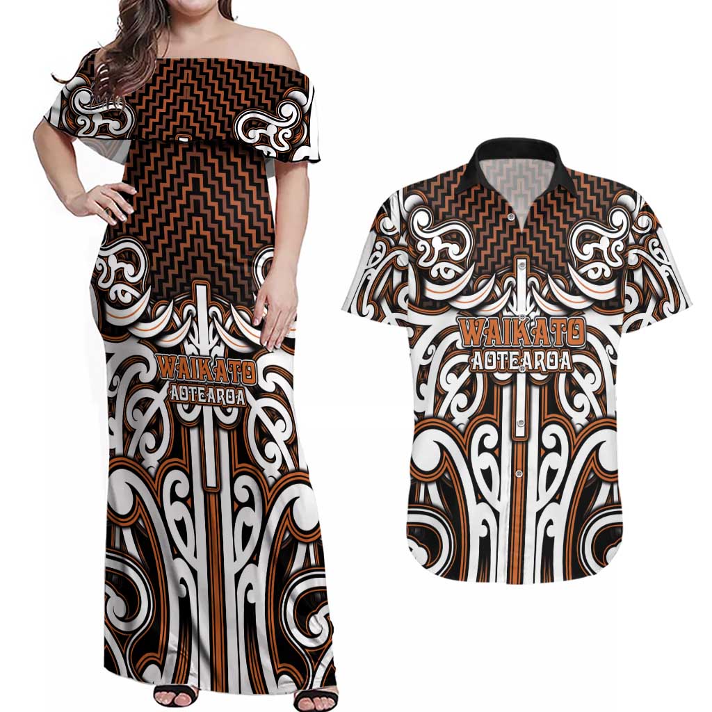 Custom Aotearoa Waikato Couples Matching Off Shoulder Maxi Dress and Hawaiian Shirt Maori Tribal Pattern Mix Poutama