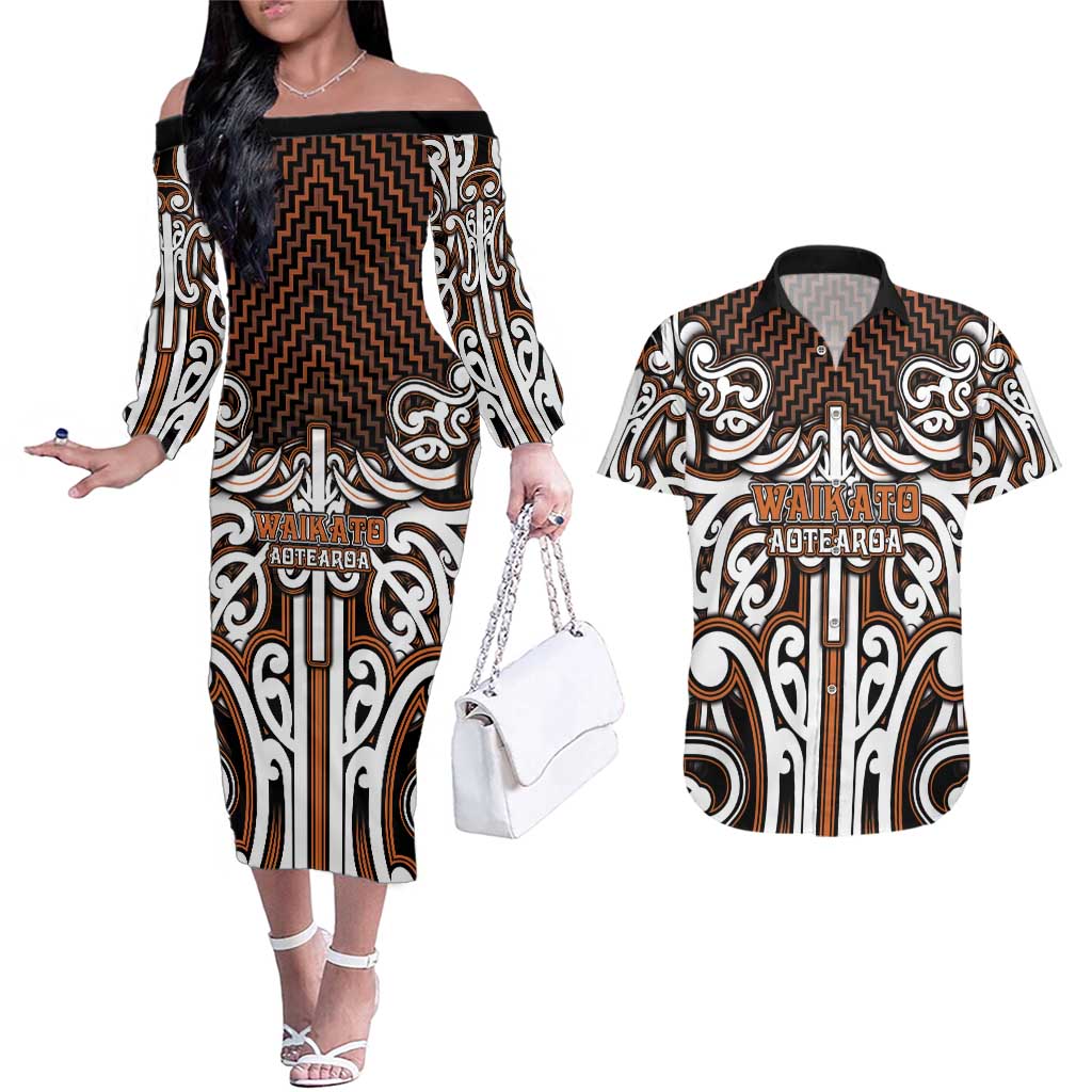 Custom Aotearoa Waikato Couples Matching Off The Shoulder Long Sleeve Dress and Hawaiian Shirt Maori Tribal Pattern Mix Poutama LT05 Orange - Polynesian Pride