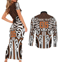 Custom Aotearoa Waikato Couples Matching Short Sleeve Bodycon Dress and Long Sleeve Button Shirt Maori Tribal Pattern Mix Poutama
