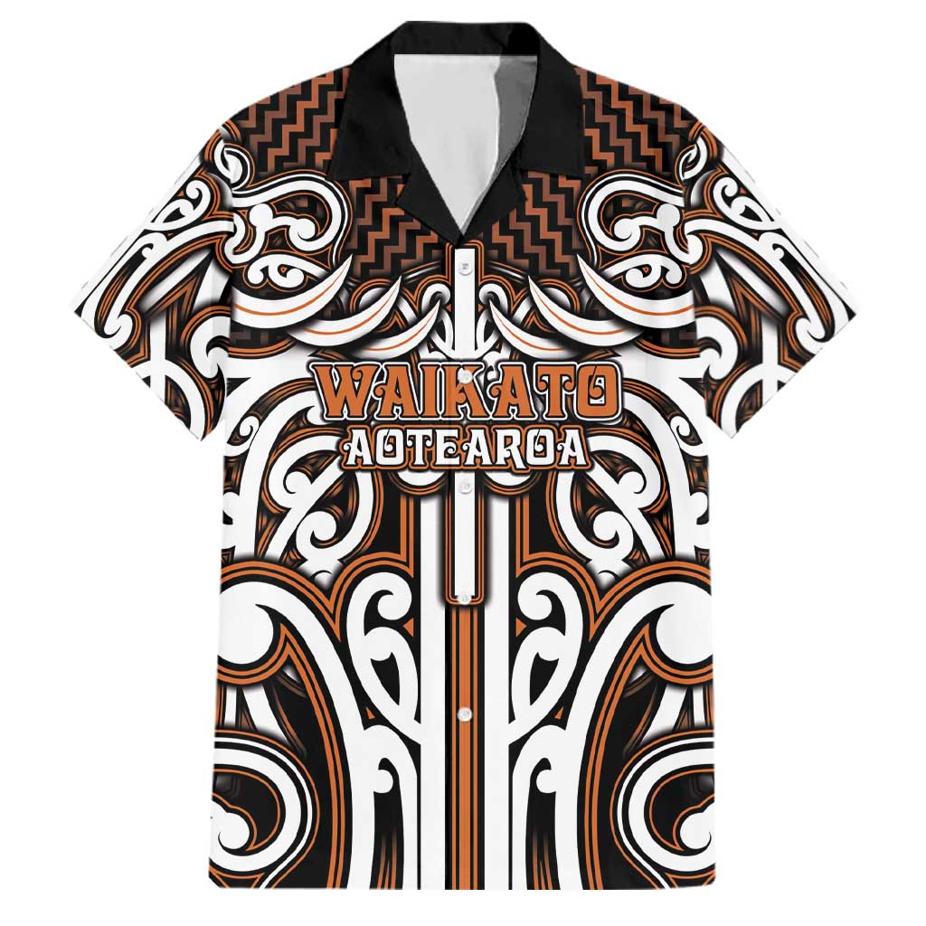 Custom Aotearoa Waikato Family Matching Off The Shoulder Long Sleeve Dress and Hawaiian Shirt Maori Tribal Pattern Mix Poutama LT05 Dad's Shirt - Short Sleeve Orange - Polynesian Pride