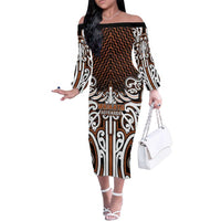 Custom Aotearoa Waikato Family Matching Off The Shoulder Long Sleeve Dress and Hawaiian Shirt Maori Tribal Pattern Mix Poutama LT05 Mom's Dress Orange - Polynesian Pride