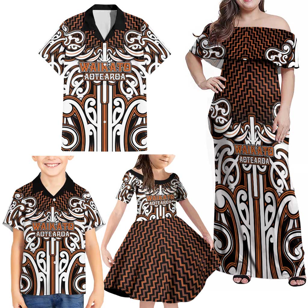 Custom Aotearoa Waikato Family Matching Off Shoulder Maxi Dress and Hawaiian Shirt Maori Tribal Pattern Mix Poutama LT05 - Polynesian Pride
