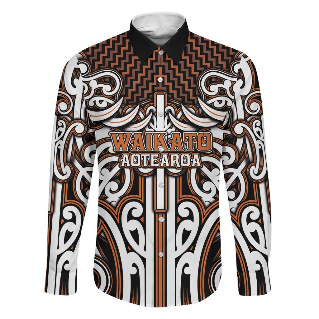 Custom Aotearoa Waikato Family Matching Off Shoulder Maxi Dress and Hawaiian Shirt Maori Tribal Pattern Mix Poutama LT05 Dad's Shirt - Long Sleeve Orange - Polynesian Pride