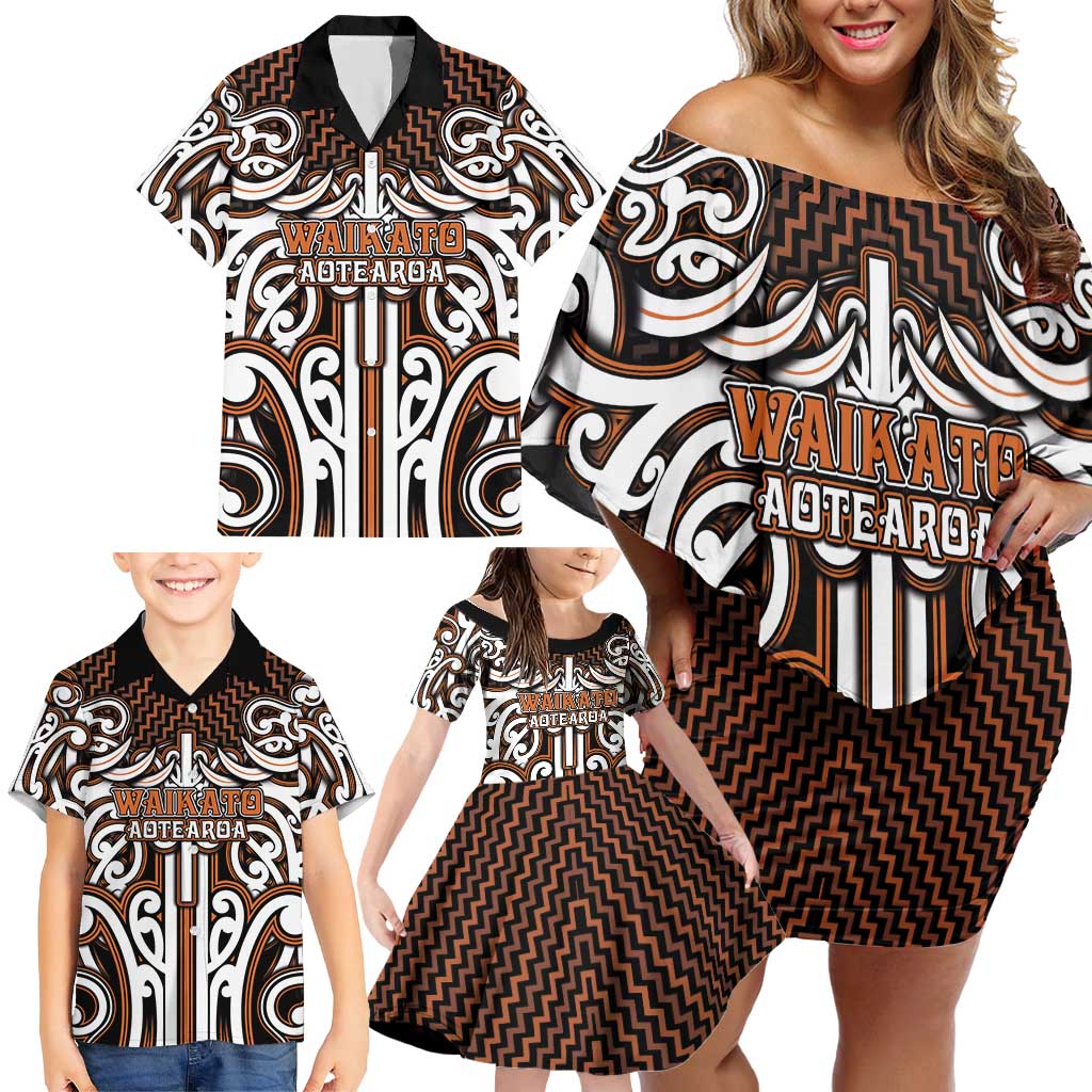 Custom Aotearoa Waikato Family Matching Off Shoulder Short Dress and Hawaiian Shirt Maori Tribal Pattern Mix Poutama LT05 - Polynesian Pride