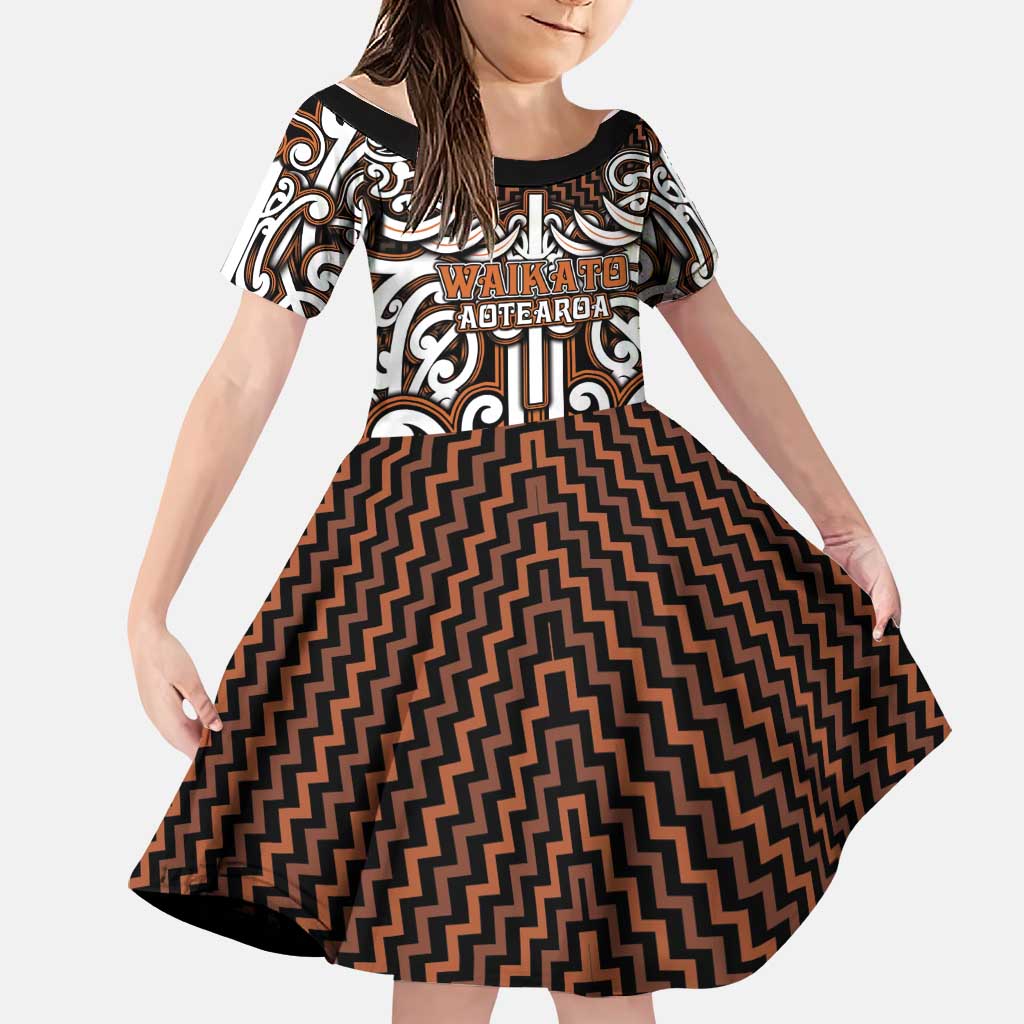 Custom Aotearoa Waikato Family Matching Tank Maxi Dress and Hawaiian Shirt Maori Tribal Pattern Mix Poutama LT05 Daughter's Dress Orange - Polynesian Pride