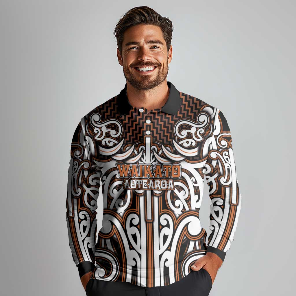 Custom Aotearoa Waikato Long Sleeve Polo Shirt Maori Tribal Pattern Mix Poutama