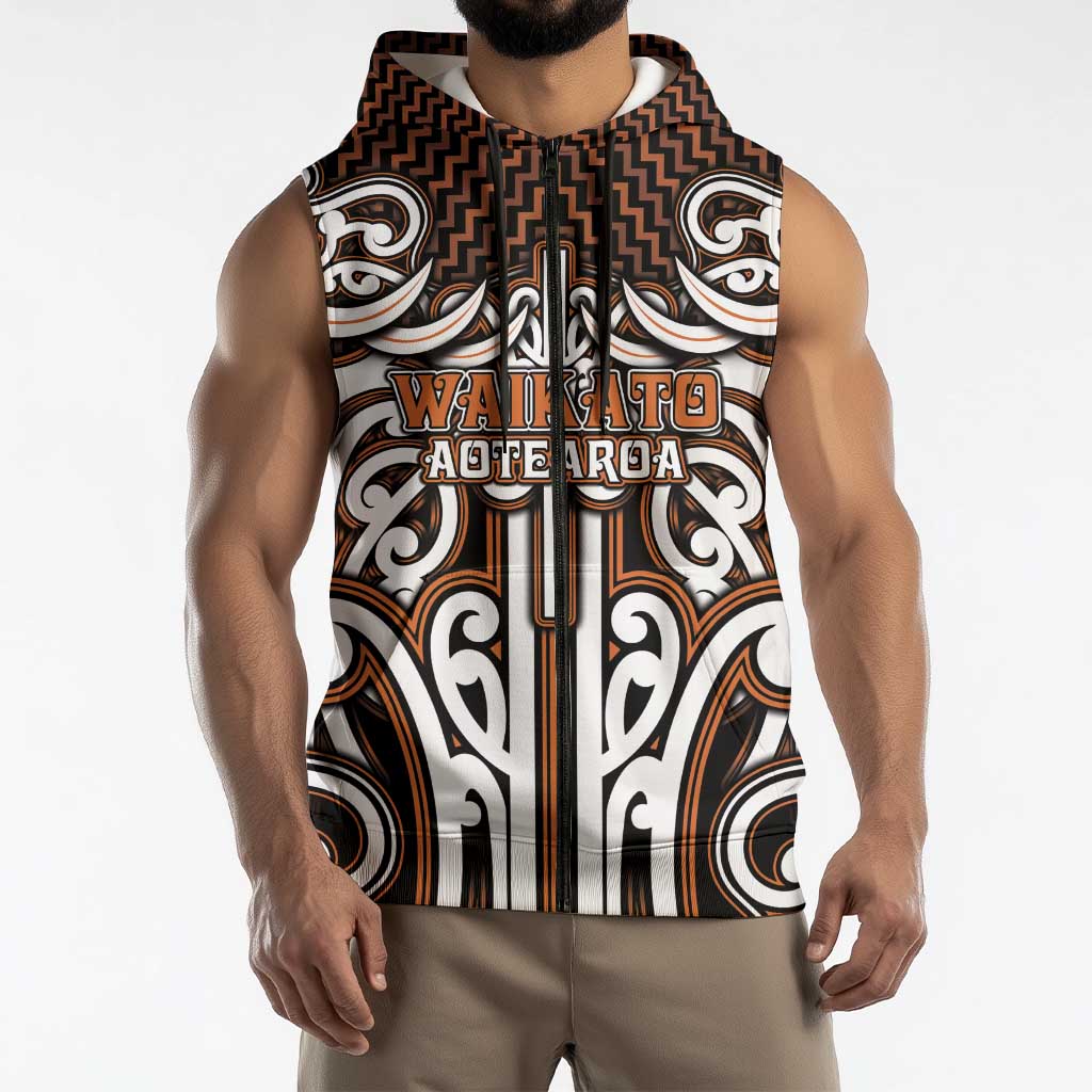 Custom Aotearoa Waikato Sleeveless Zip Hoodie Maori Tribal Pattern Mix Poutama